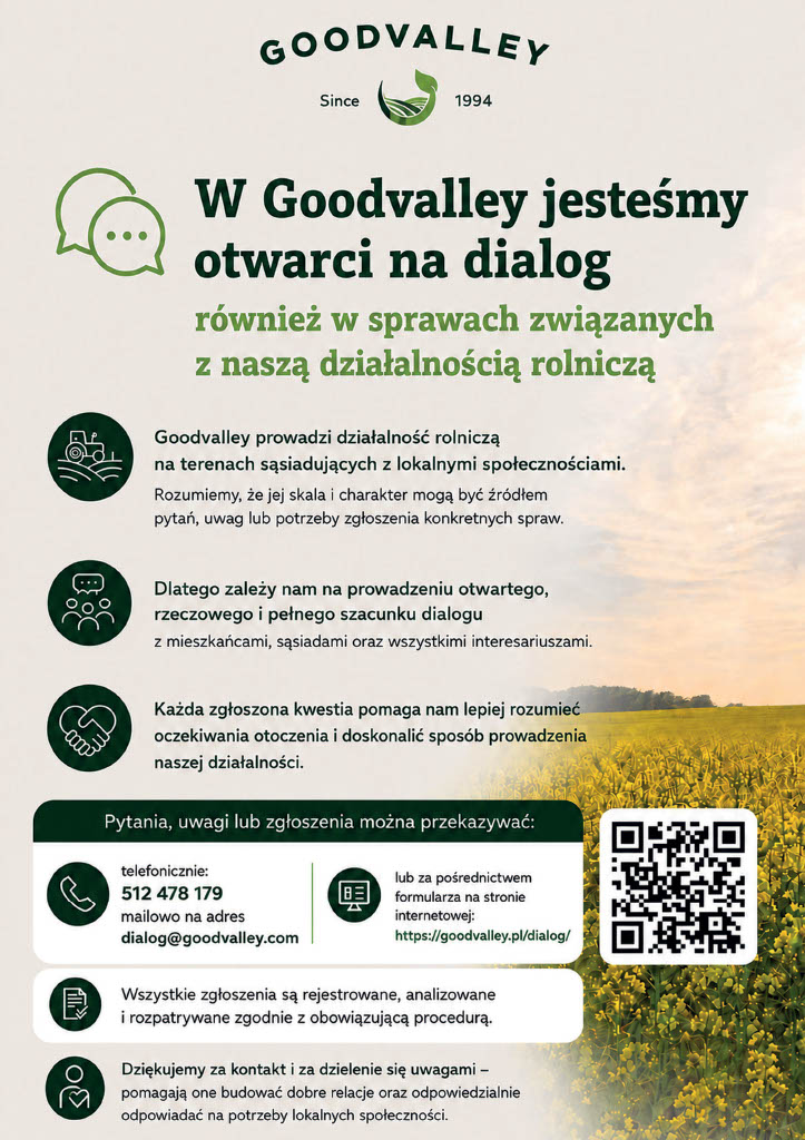 Plakat Goodvalley zachęcający do kontaktu w&nbsp;sprawach związanych z&nbsp;działalnością rolniczą. Zawiera dane kontaktowe, kod QR i&nbsp;zdjęcie pola rzepaku.