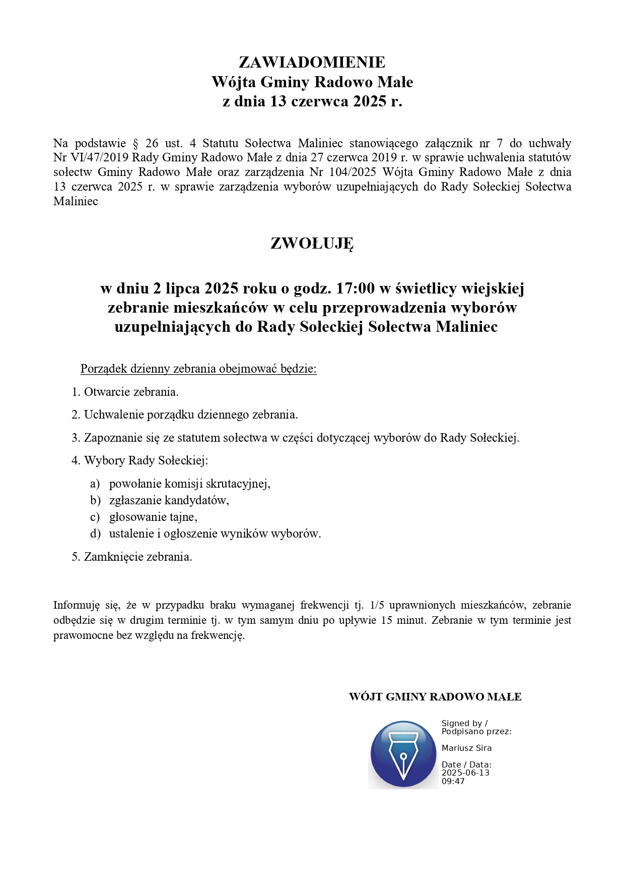 Zawiadomienie Wójta Gminy Radowo Małe z dnia 13 czerwca 2025 roku w sprawie zwołania zebrania mieszkańców w celu przeprowadzenia wyborów uzupełniających do Rady Sołeckiej Sołectwa Maliniec