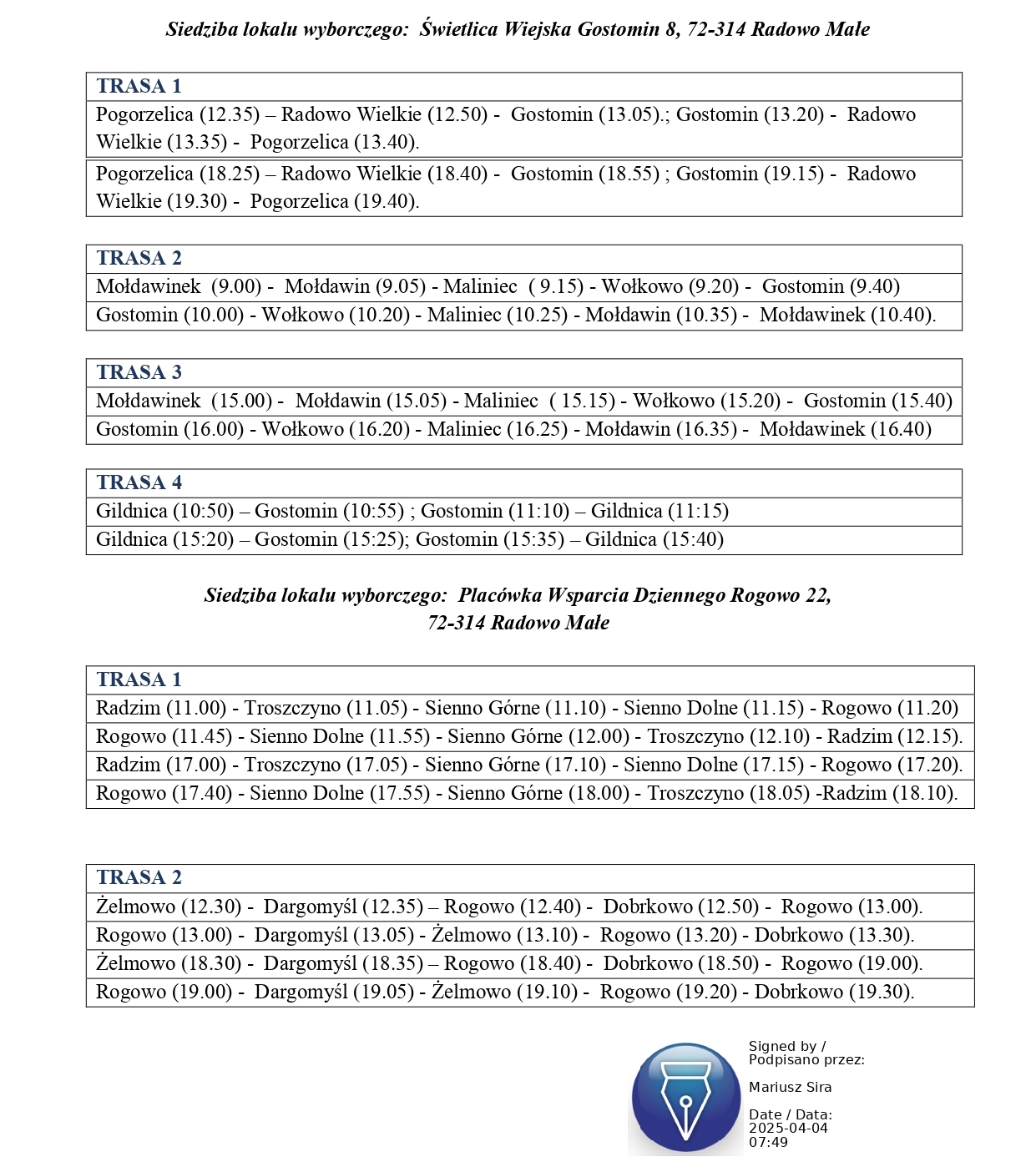 Harmonogram bezpłatnych dowozów do lokali wyborczych w Gminie Radowo Małe w dniu 18 maja 2025 r.
