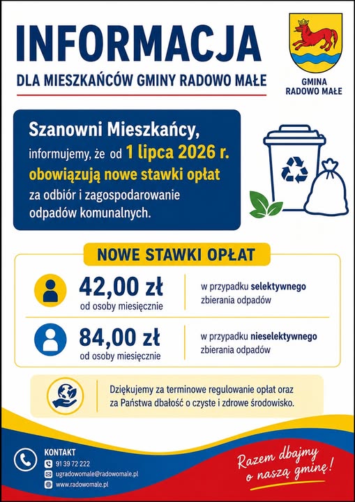 Informacja dla mieszkańc&oacute;w Gminy Radowo Małe &ndash; nowe stawki opłat za odbi&oacute;r odpad&oacute;w