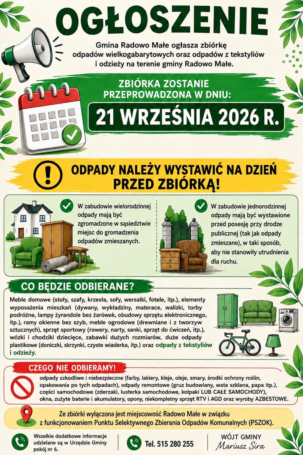 Plakat informacyjny Gminy Radowo Małe o&nbsp;zbi&oacute;rce odpad&oacute;w wielkogabarytowych, tekstyli&oacute;w i&nbsp;odzieży, kt&oacute;ra odbędzie się 21 września 2026 roku. Zielono-biała grafika zawiera szczeg&oacute;łowe zasady wystawiania gabaryt&oacute;w na&nbsp;dzień przed zbi&oacute;rką oraz&nbsp;listy przedmiot&oacute;w, kt&oacute;re będą i&nbsp;nie będą odbierane.