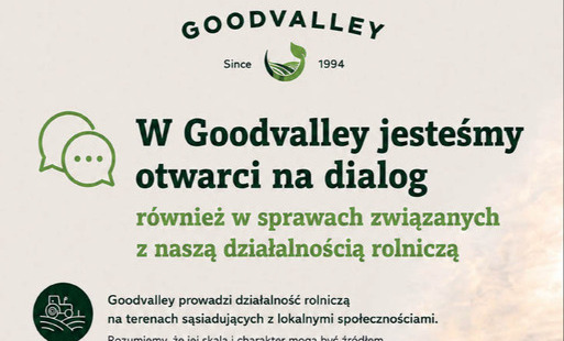 Plakat Goodvalley zachęcający do kontaktu w sprawach związanych z działalnością rolniczą. Zawiera dane kontaktowe, kod QR i zdjęcie pola rzepaku.