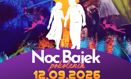 Plakat promocyjny wydarzenia „Noc Bajek – pokolenia”, które odbędzie się 12 września 2026 roku o godzinie 21:00 w Ogrodzie Dendrologicznym w Przelewicach.  Na grafice widoczne są sylwetki przedstawiające różne pokolenia (dzieci, rodziców, dziadków) oraz b