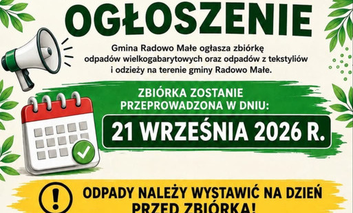 Plakat informacyjny Gminy Radowo Małe o zbiórce odpadów wielkogabarytowych, tekstyliów i odzieży, która odbędzie się 21 września 2026 roku. Zielono-biała grafika zawiera szczegółowe zasady wystawiania gabarytów na dzień przed zbiórką oraz listy przedmiotów, które będą i nie będą odbierane.